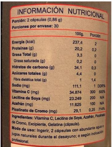 Picolinato De Cromo + Vitamina C + Azafran 860 mg.